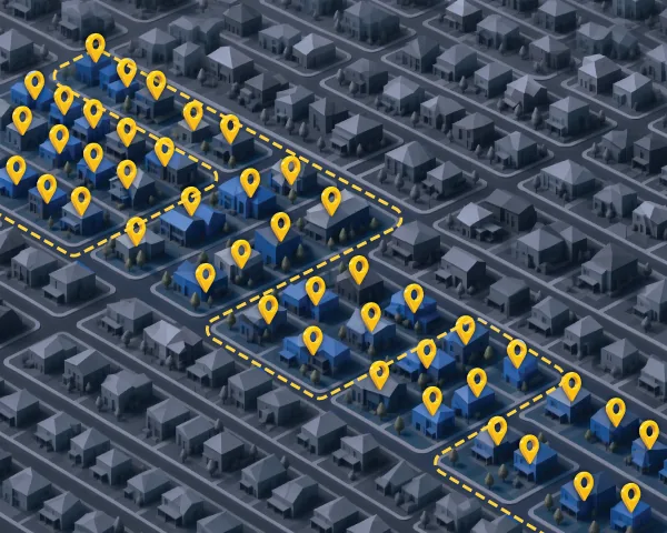Neighborhood map with every home on three mail routes pinned