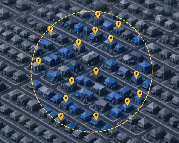 Neighborhood map with selected homes pinned inside a target radius